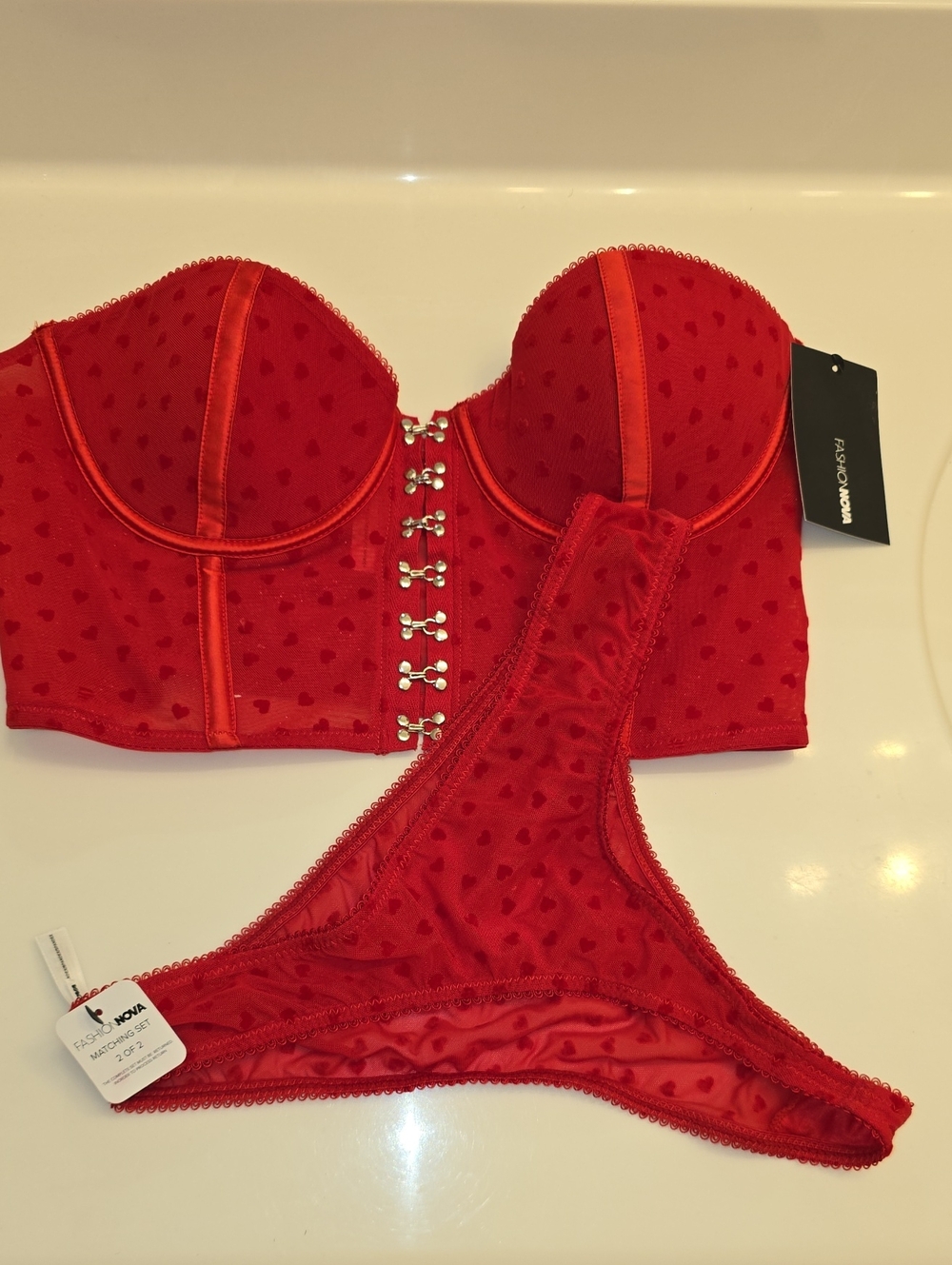 Fashion Nova Red Heart Mesh Bustier & Thong Set